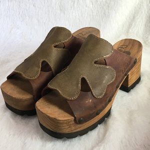 Cudas Lucky Shamrock Leather Wooden Platform Clogs